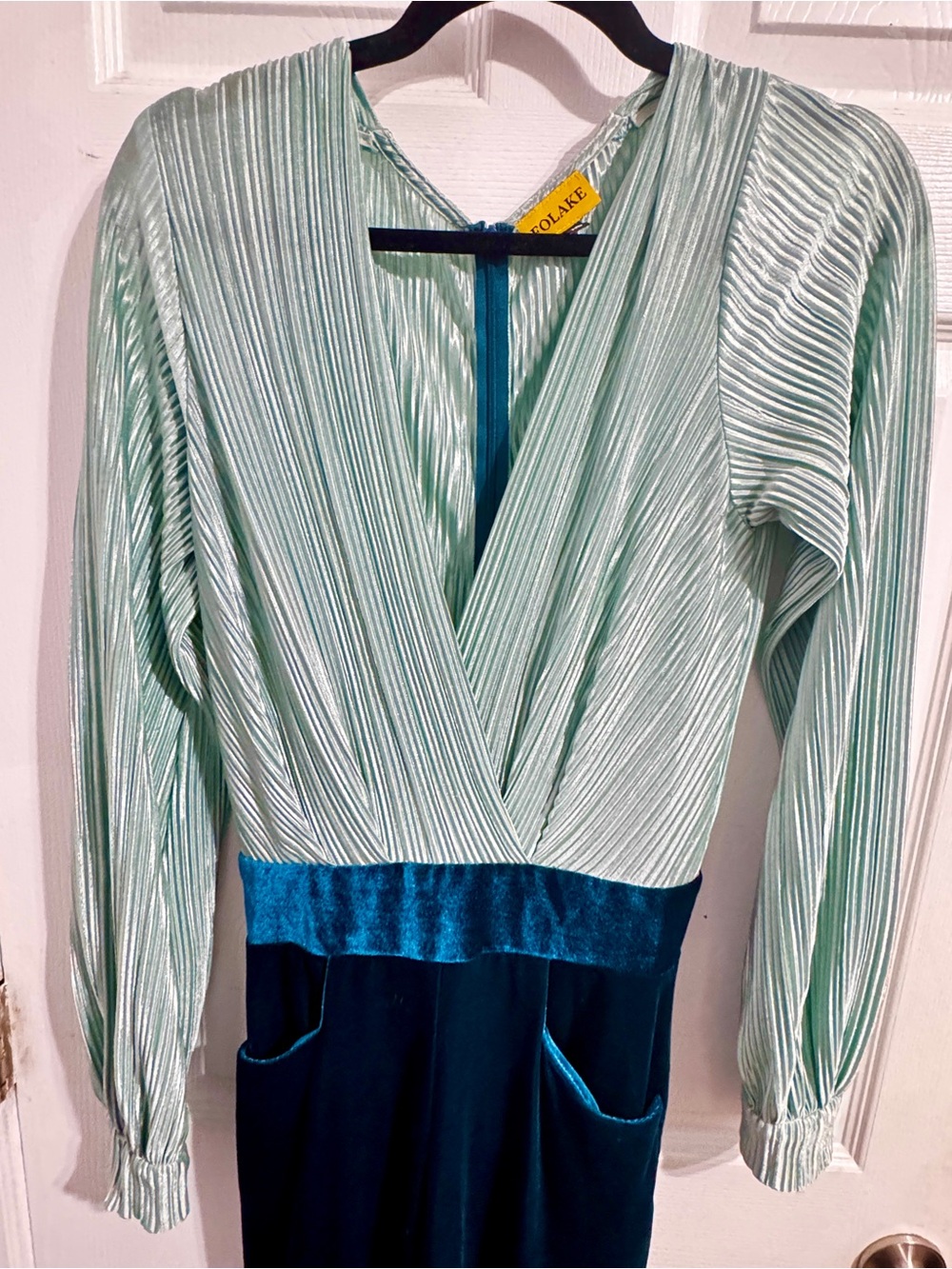 Deep Teal Velvet High-Waist Wide-Leg Jumpsuit - Picture 3 of 4